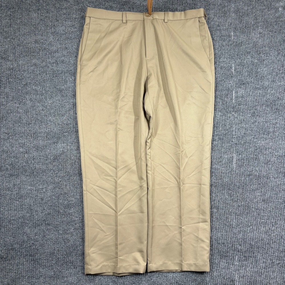 Haggar Pants Mens 38x29 Khaki Tan Flat Front Dress Polyester Chino Trousers